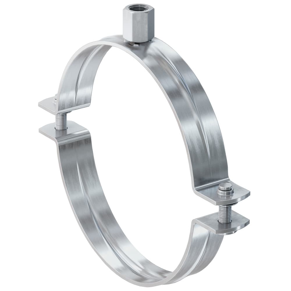 Двухэлементный трубный хомут Fischer FRSN 1 1/4" (38-43 мм) без резиновой прокладки, M8/M10 оцинкованная сталь
