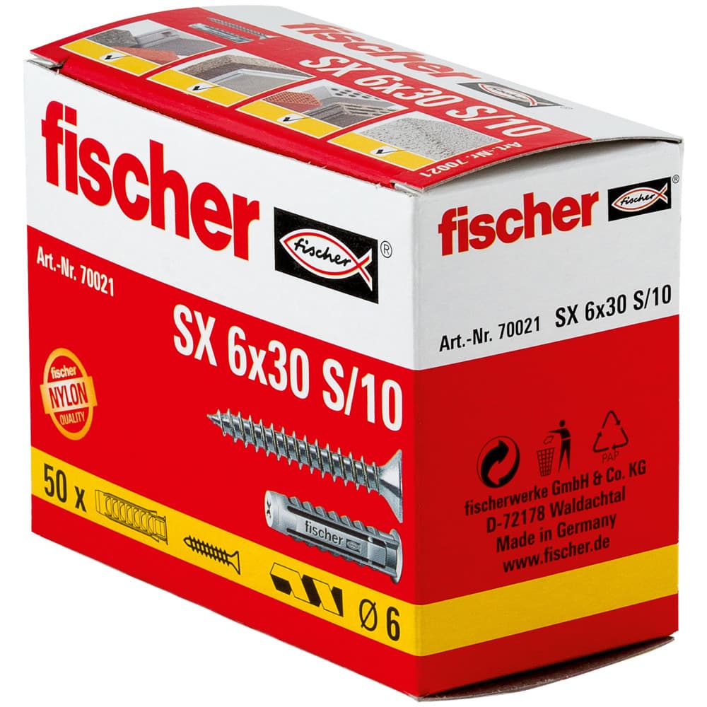Распорный нейлоновый дюбель Fischer SX-S 6х30 PH TX с кромкой (дюбель + шуруп)