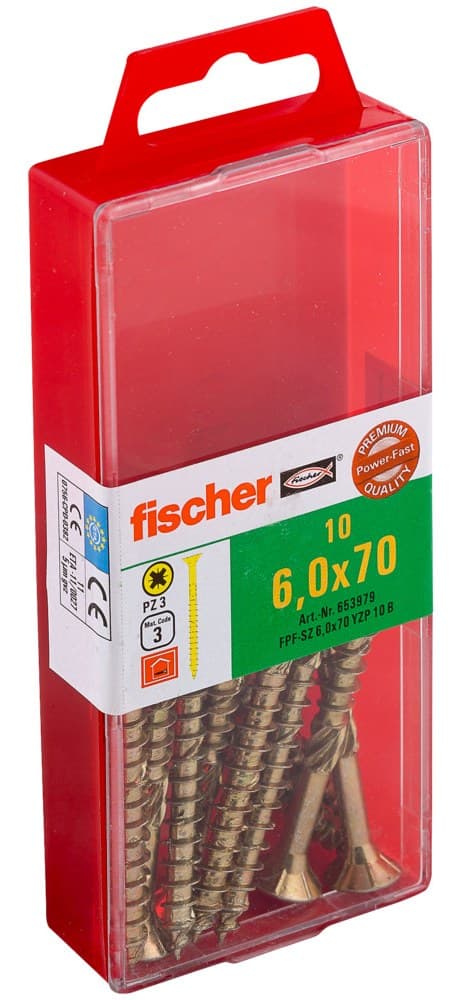 Саморез универсальный Fischer FPF-SZ YZP 6,0x70 мм c потайной головой и неполной резьбой, жц. сталь