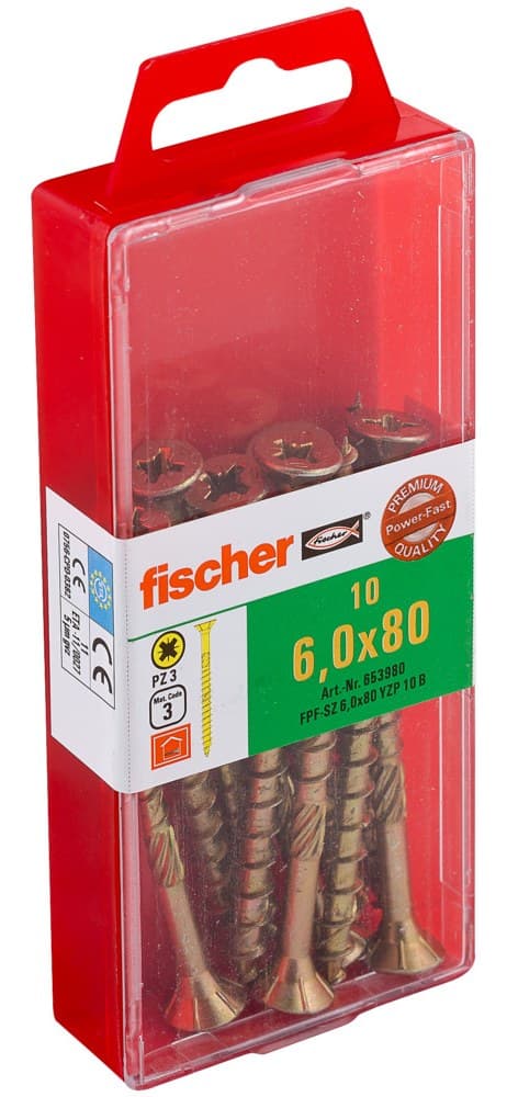 Саморез универсальный Fischer FPF-SZ YZP 6,0x80 мм c потайной головой и неполной резьбой, жц. сталь