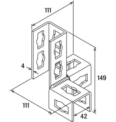 Тройник соединительный (правый) Fischer PFUF 3DR для монтажных профилей 149х111х42х4 мм, FVZ горячеоцинкованная сталь