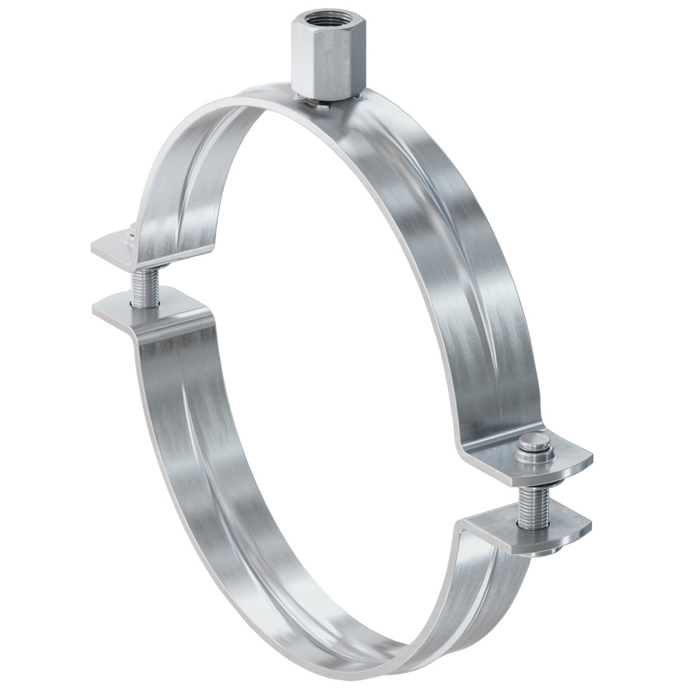 Двухэлементный трубный хомут Fischer FRSN 1 1/4" (38-43 мм) без резиновой прокладки, M8/M10 оцинкованная сталь
