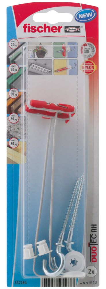 Нейлоновый дюбель Fischer DuoTec 10 S PH K NV (10x50 мм) с шурупом с круглым крючком, упаковка блистер 2 шт