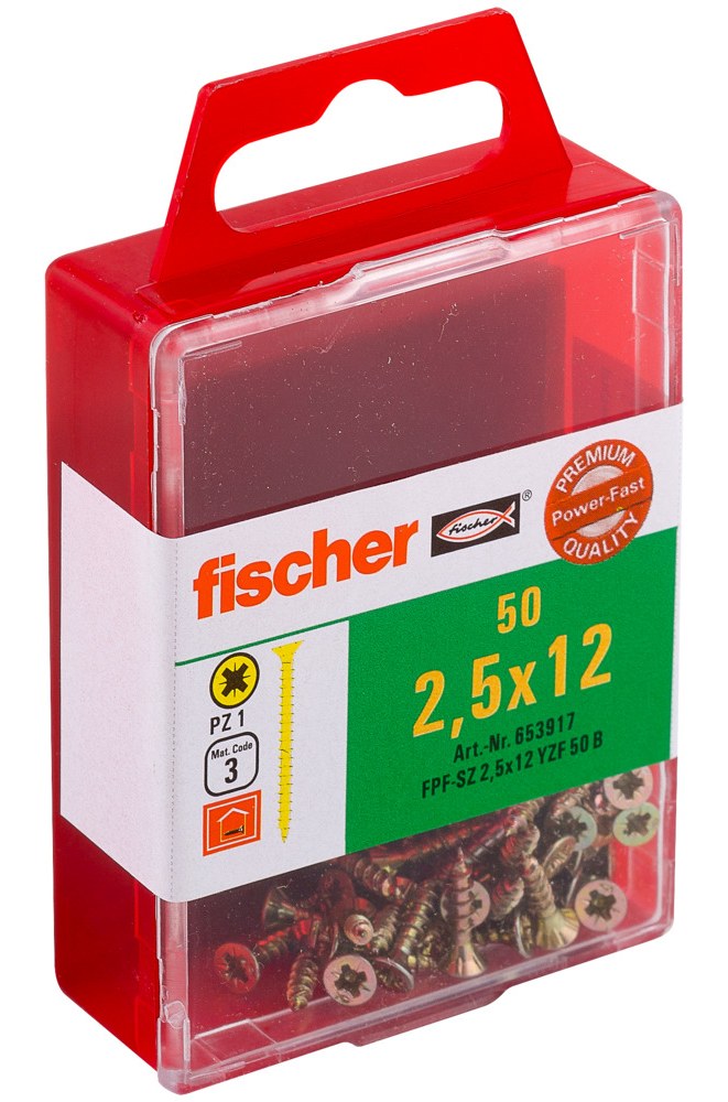 Саморез универсальный Fischer FPF-SZ YZF 2,5x12 мм c потайной головой и полной резьбой, жц. сталь