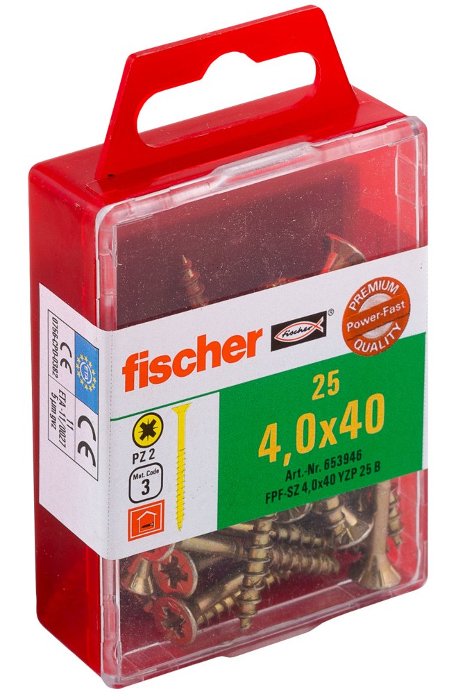 Саморез универсальный Fischer FPF-SZ YZP 4,0x40 мм c потайной головой и неполной резьбой, жц. сталь