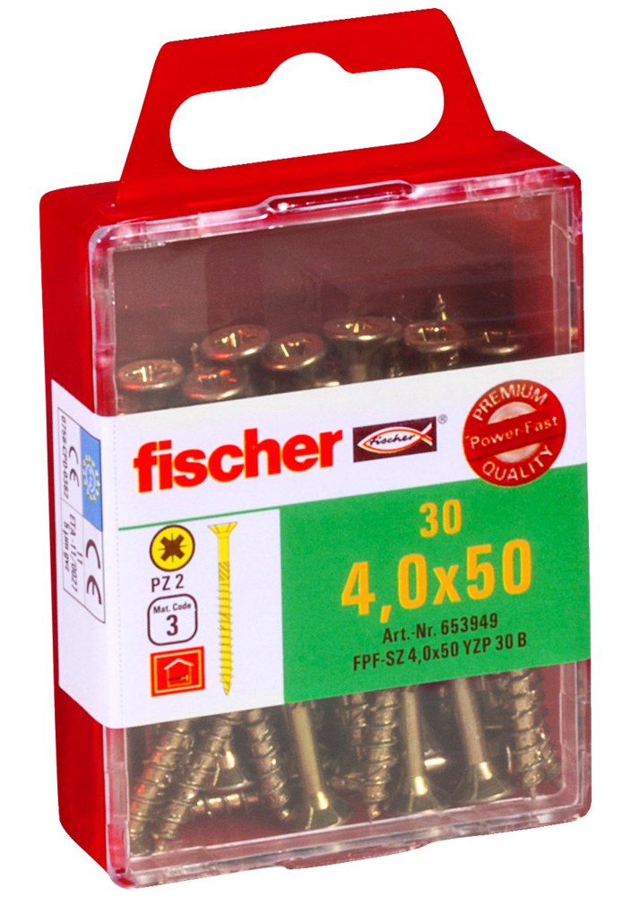 Саморез универсальный Fischer FPF-SZ YZP 4,0x50 мм c потайной головой и неполной резьбой, жц. сталь