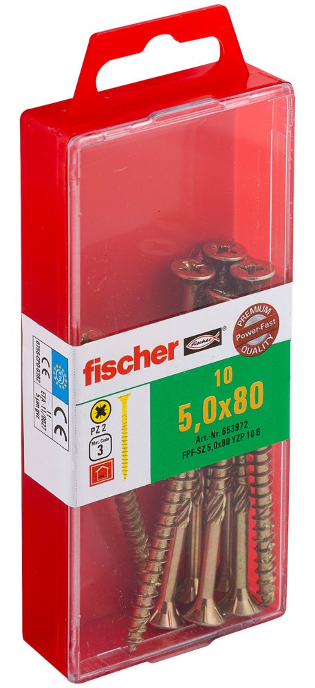 Саморез универсальный Fischer FPF-SZ YZP 5,0x80 мм c потайной головой и неполной резьбой, жц. сталь