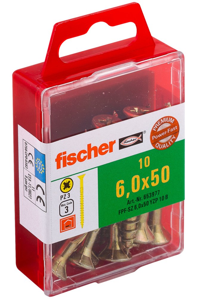 Саморез универсальный Fischer FPF-SZ YZP 6,0x50 мм c потайной головой и неполной резьбой, жц. сталь