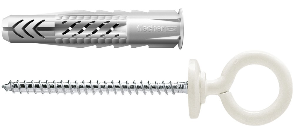 Универсальный дюбель Fischer UX OH N 8х50 с кромкой и рым-болтом (с белым покрытием)